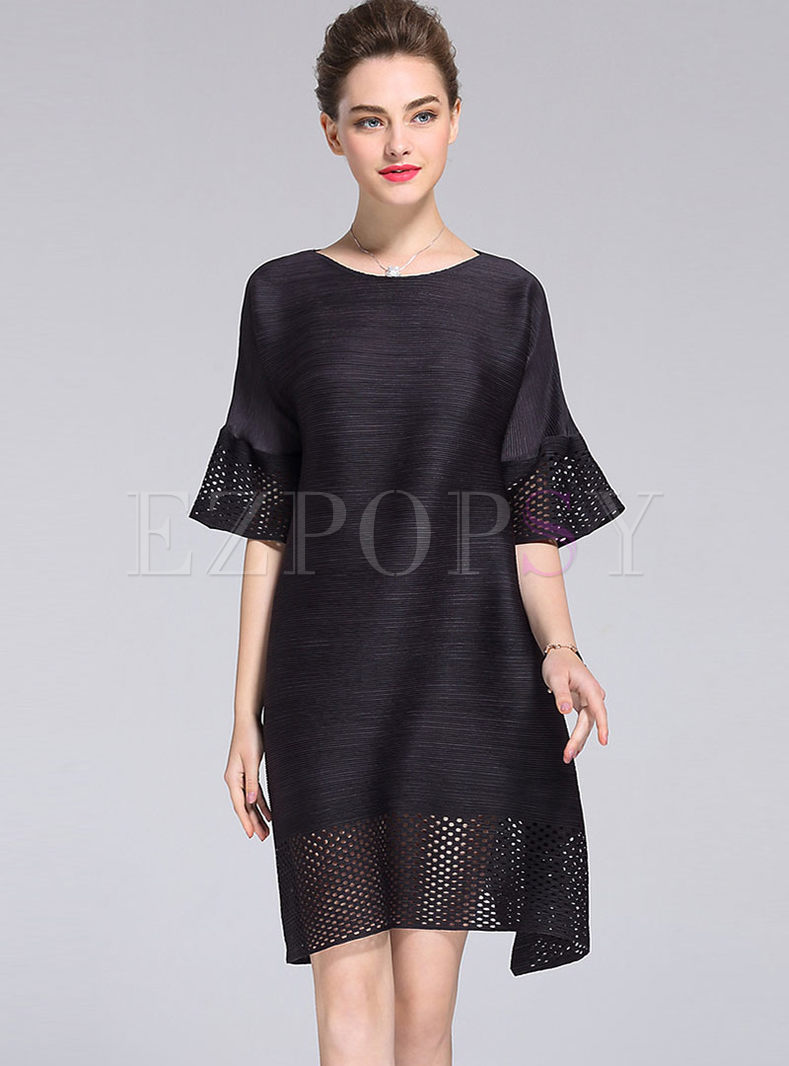 Pure Color Splicing Hollow Out Flare Sleeve Mini Dress