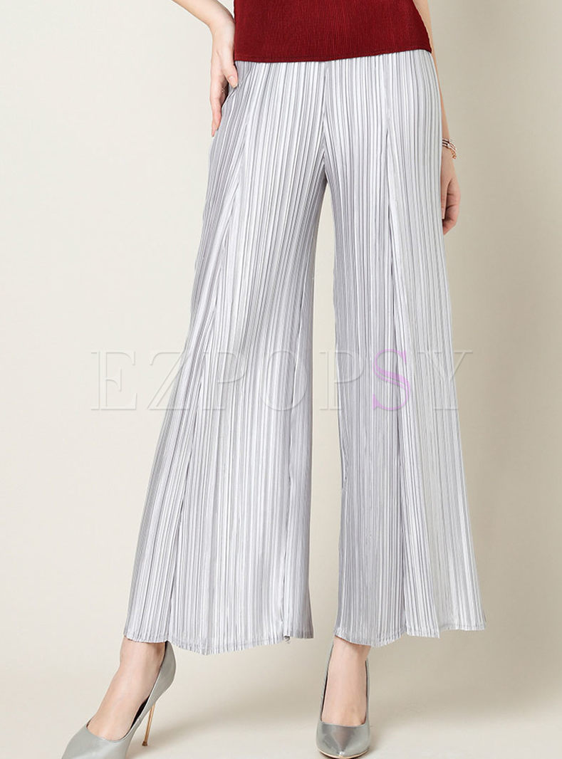 Stylish Solid Color Elastic Waist Pleated Wide Leg Pants