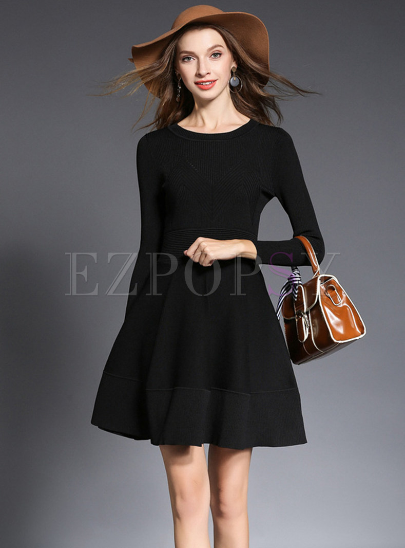 Fashion Long Sleeve Black Solid Skater Knitted Dress