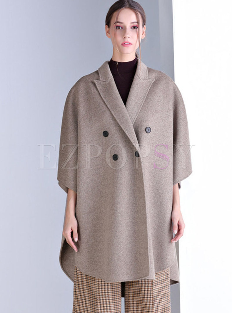Trendy Monochrome Lapel Cashmere Bat Sleeved Cloak Coat