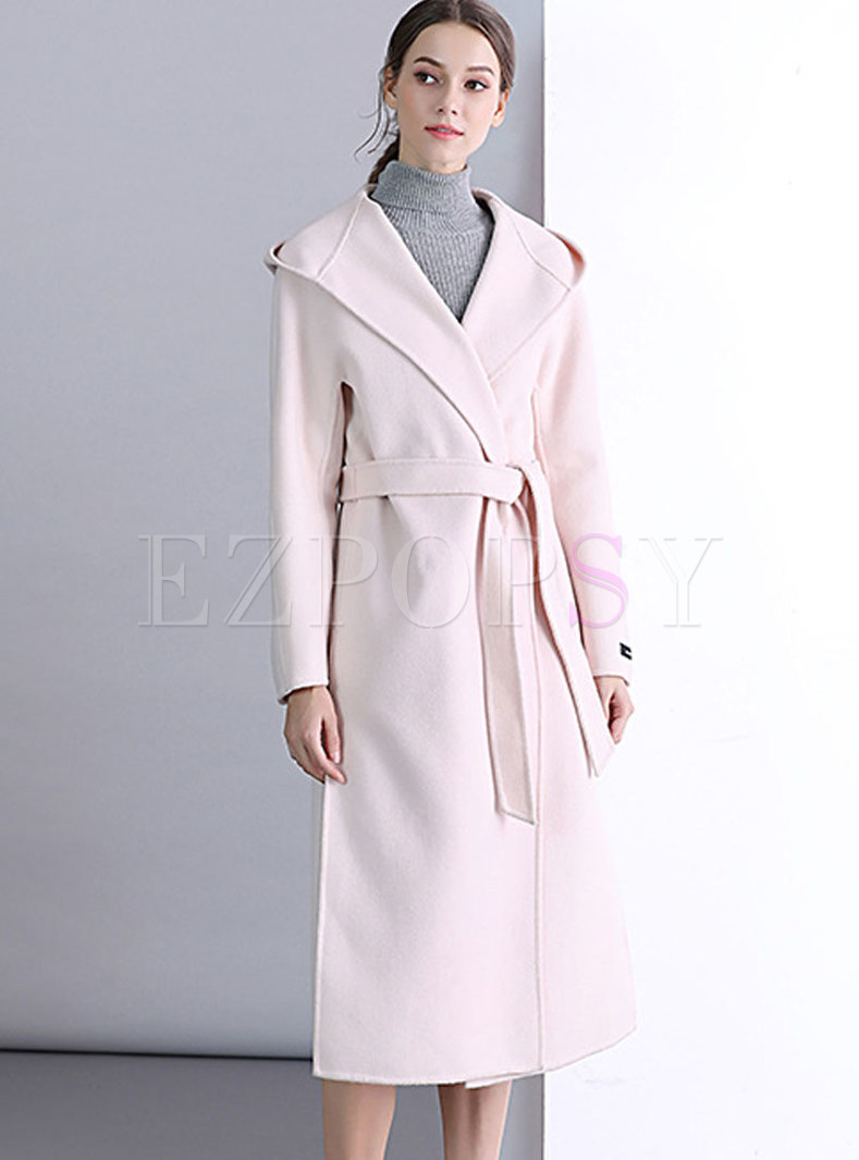 Pink Hooded Cashmere Long Coat With Side Slit