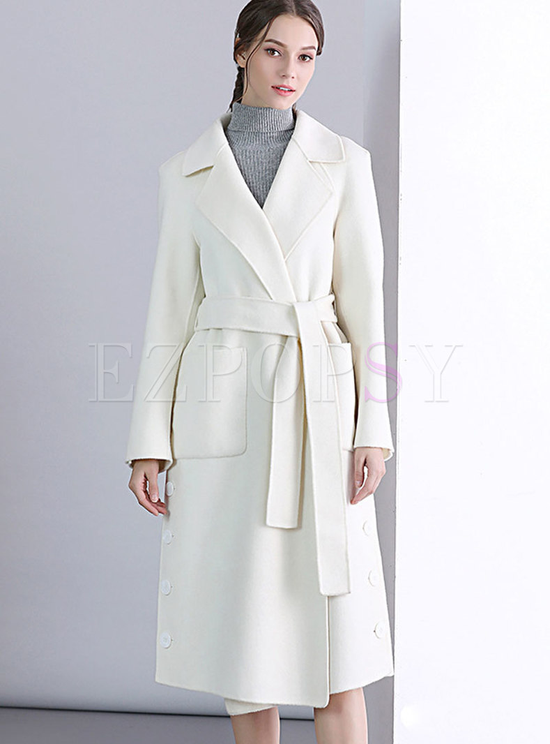 White Lapel Wool Coat Belted With Side Pockets