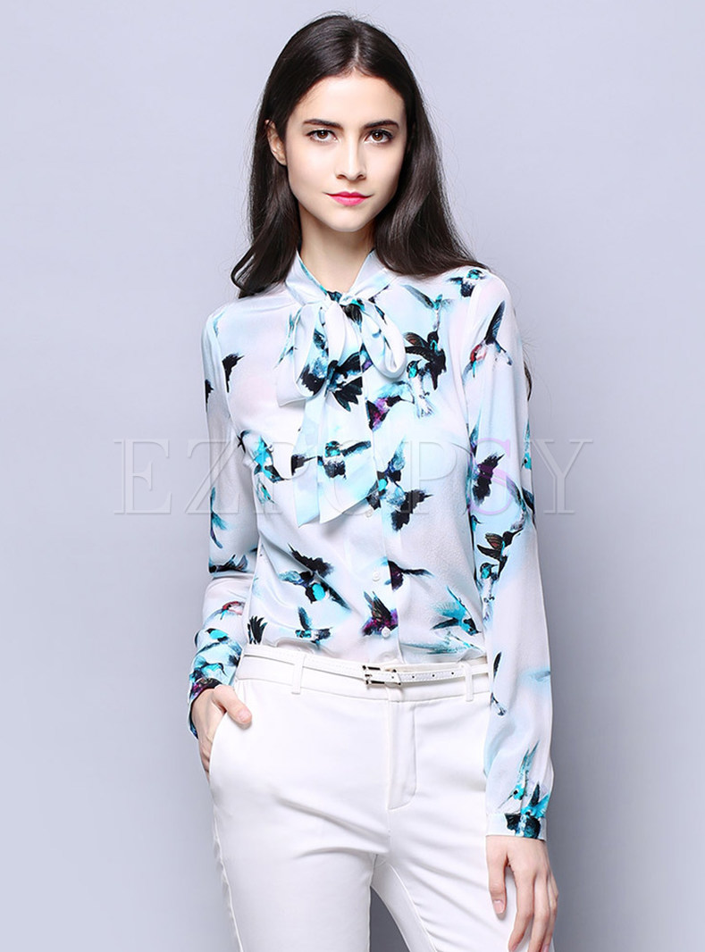 Tops | Blouses | Chic Print Stand Collar Tied Slim Blouse