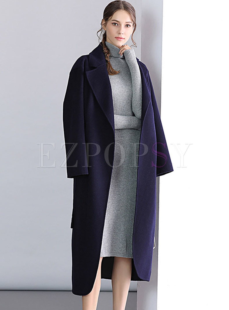 Casual Daily Monochrome Notched Lapel Long Wool Coat 