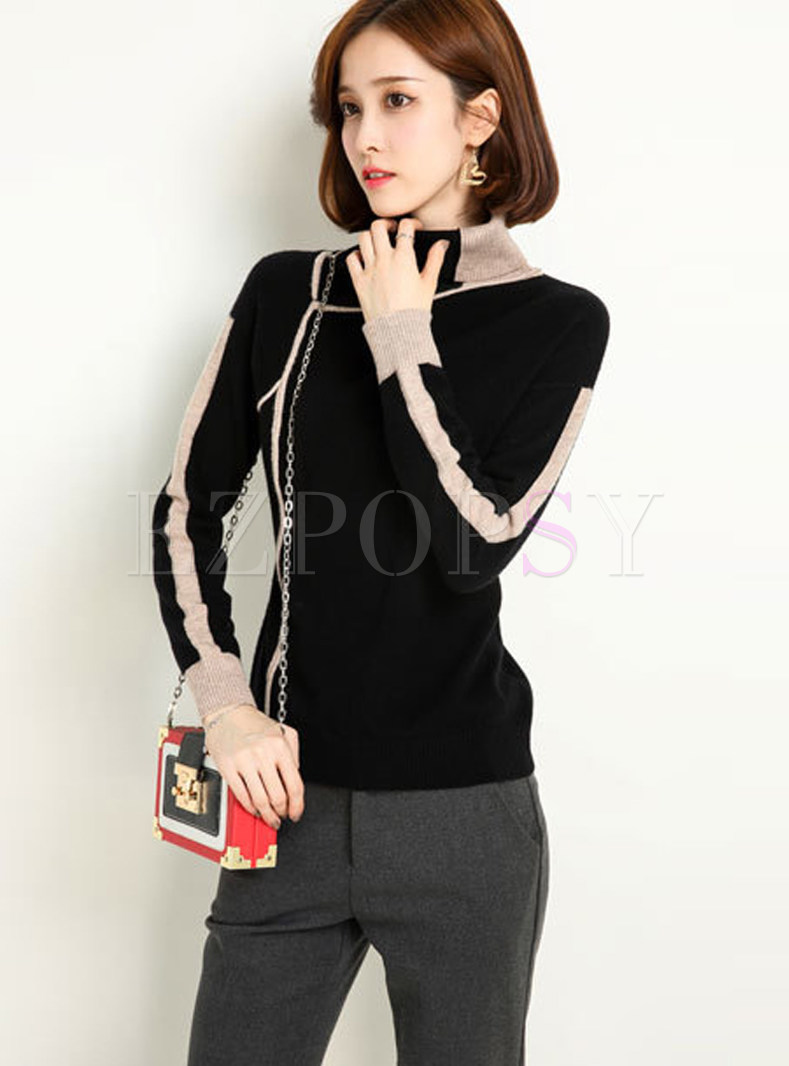 Stylish Turtle Neck Color-blocked Knitted Sweater