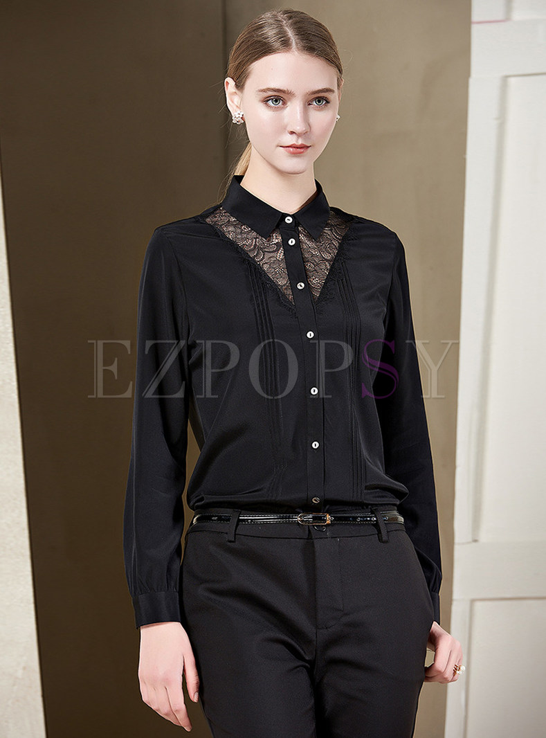 Mesh Splicing Perspective Single-breasted Slim Blouse