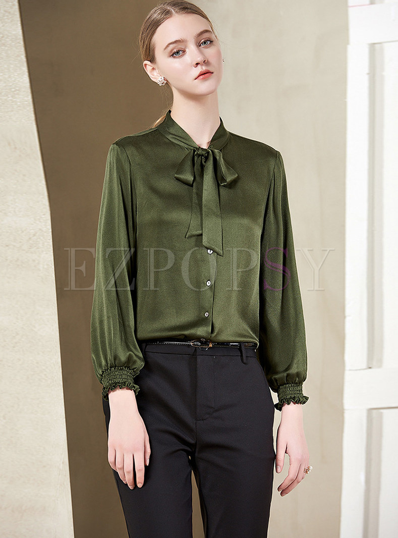 Green Stylish Stand Collar Cardigan Blouse With Bowknot