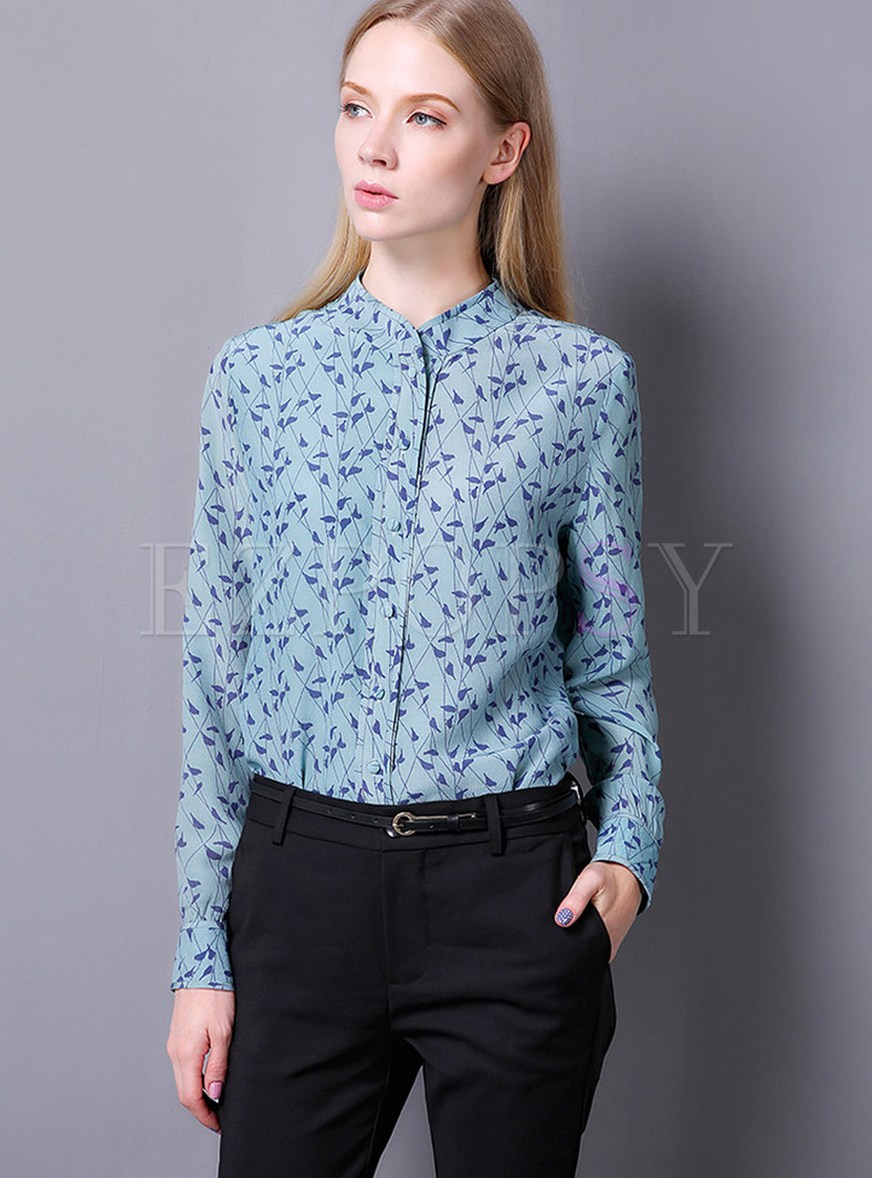Chic Slim Stand Collar All Over Print Blouse 