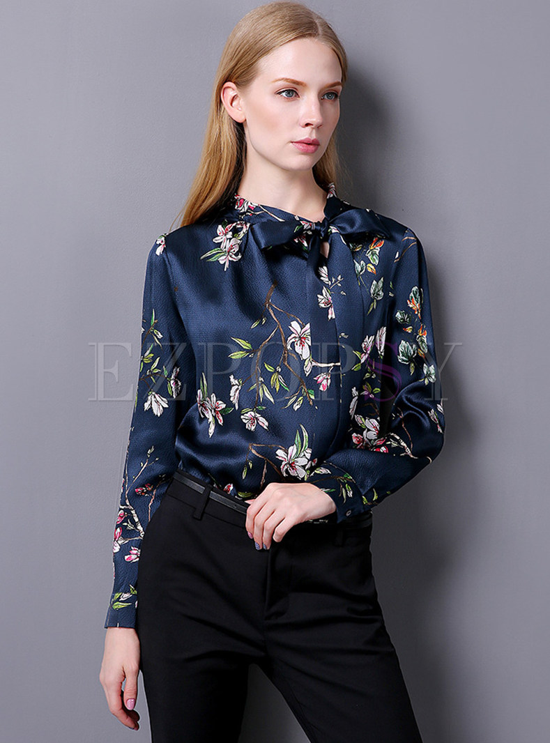 Chic Blue Print Pullovers Slim Blouse With Bowknot 