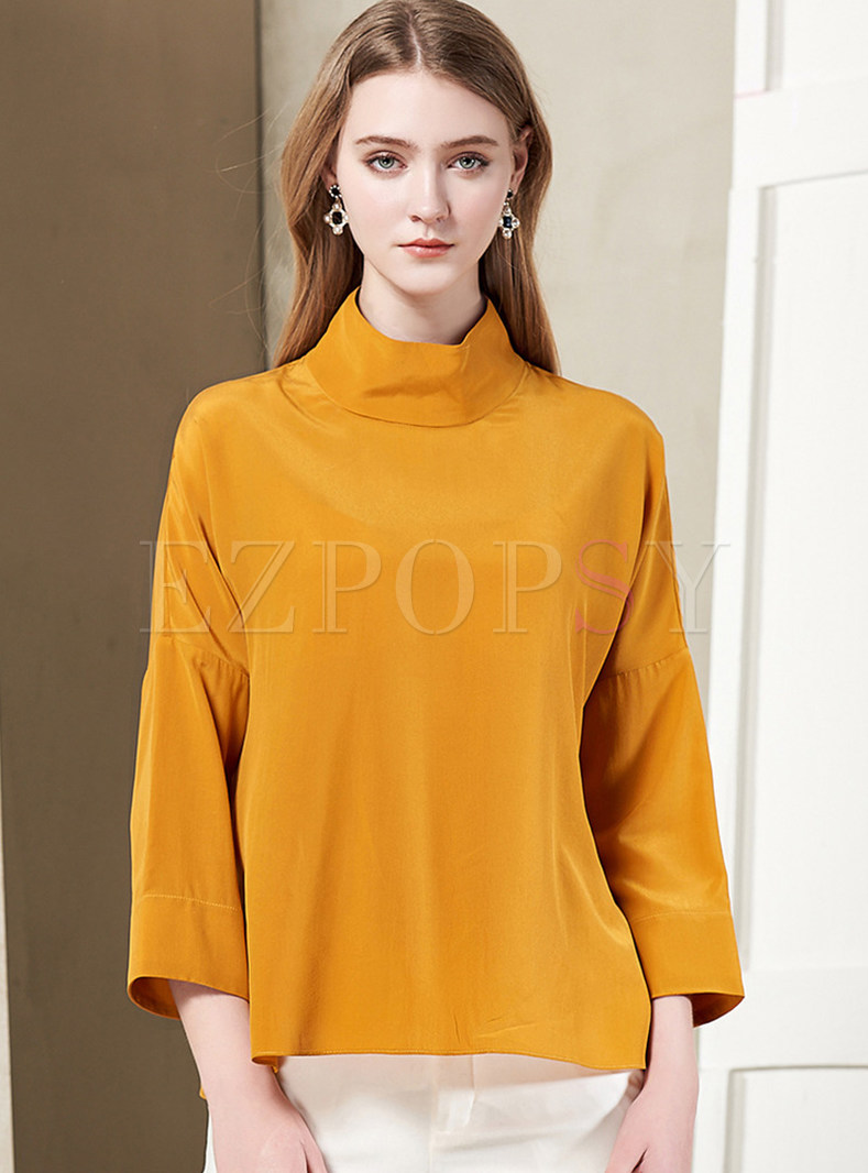 Yellow Stand Collar Three Quarters Sleeve Straight Blouse 