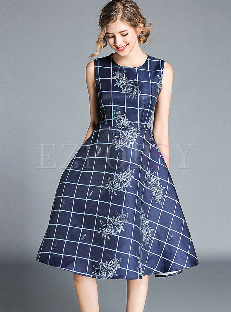 Grid Print Sleeveless High Waist Slim A Line Dress