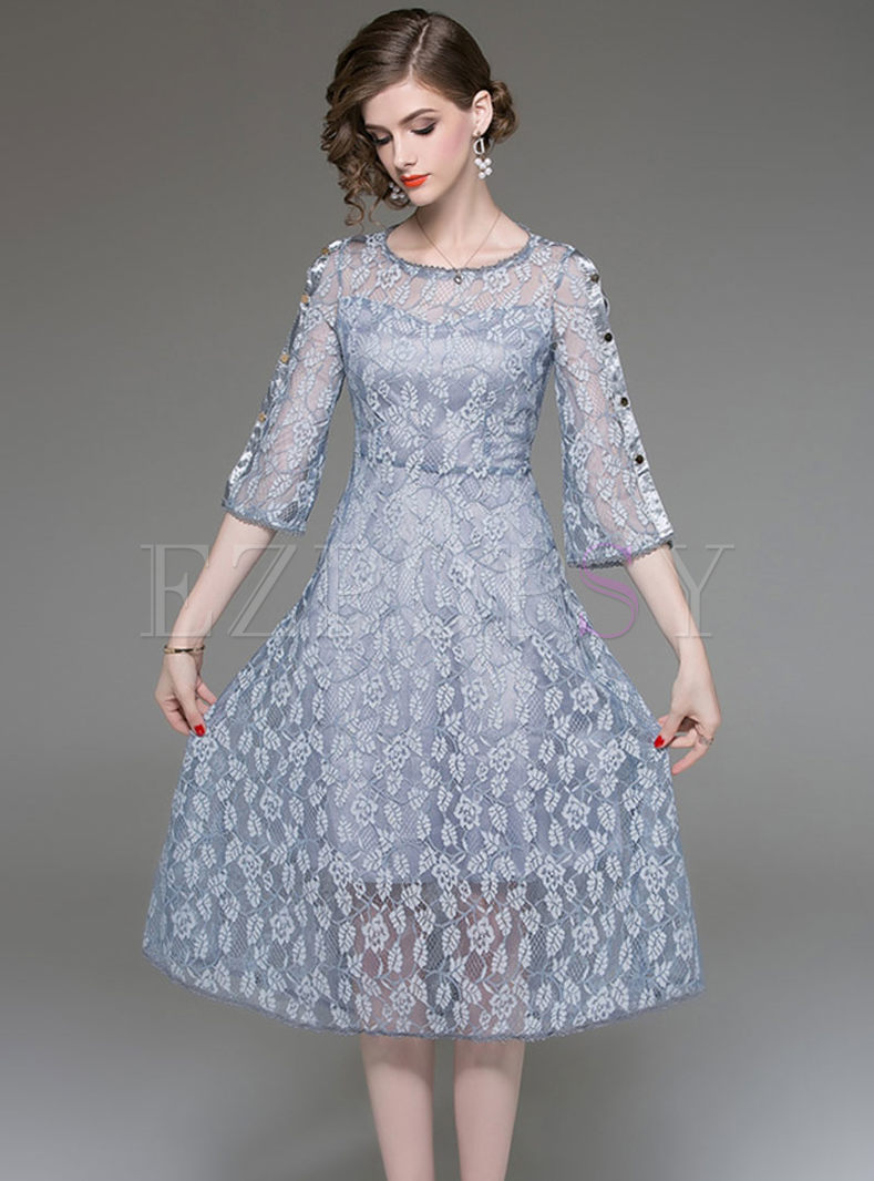 Pure Color Flare Sleeve High Waist Perspective Lace Dress