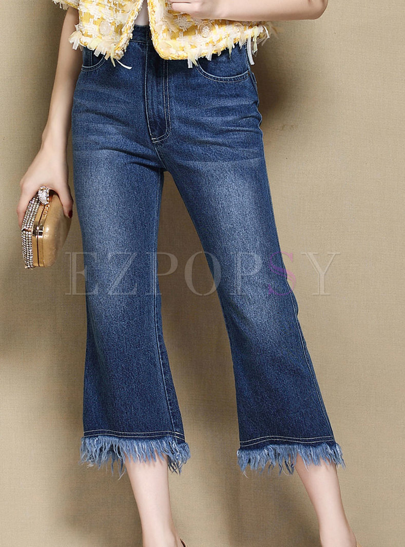 Casual Blue Denim Flare Pants With Fringed Detail