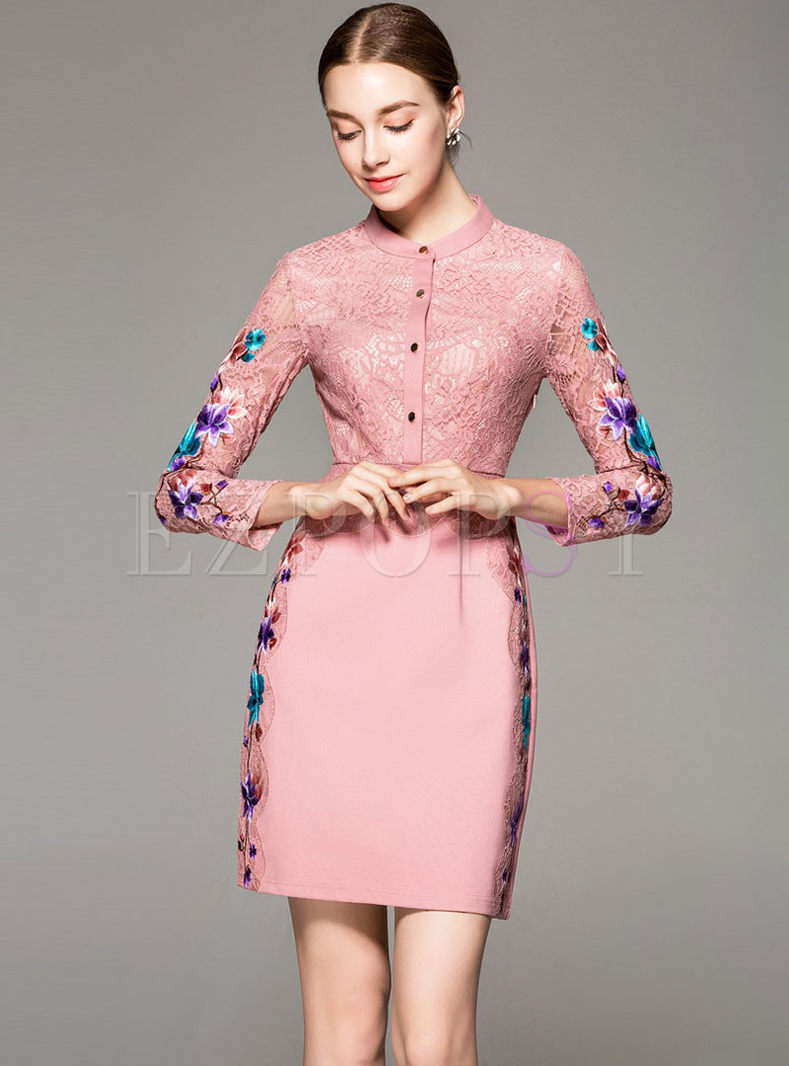 Pink Splicing Embroidered Long Sleeve High Waist Slim Dress