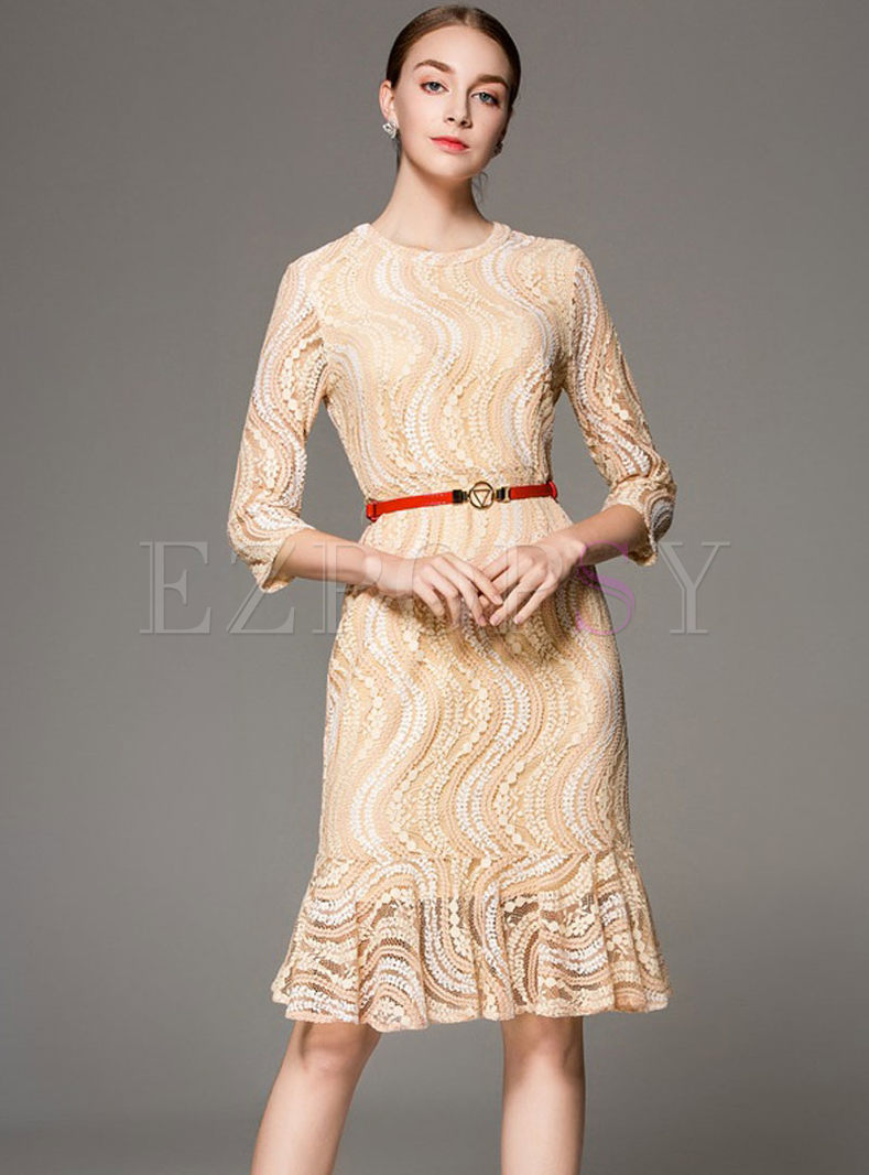 Chic Embroidered Three Quarters Sleeve Belted Sheath Mermaid Dress