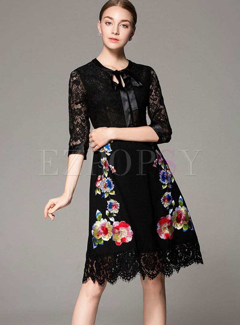 Stylish Splicing Embroidered Tied-collar High Waist Slim Dress