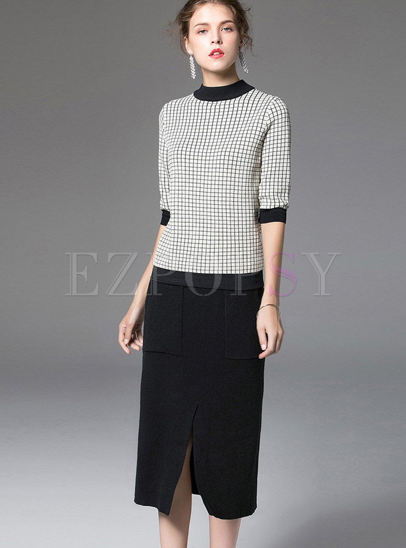 O-neck Half Sleeve Plaid T-Shirt & Slit Slim Skirt