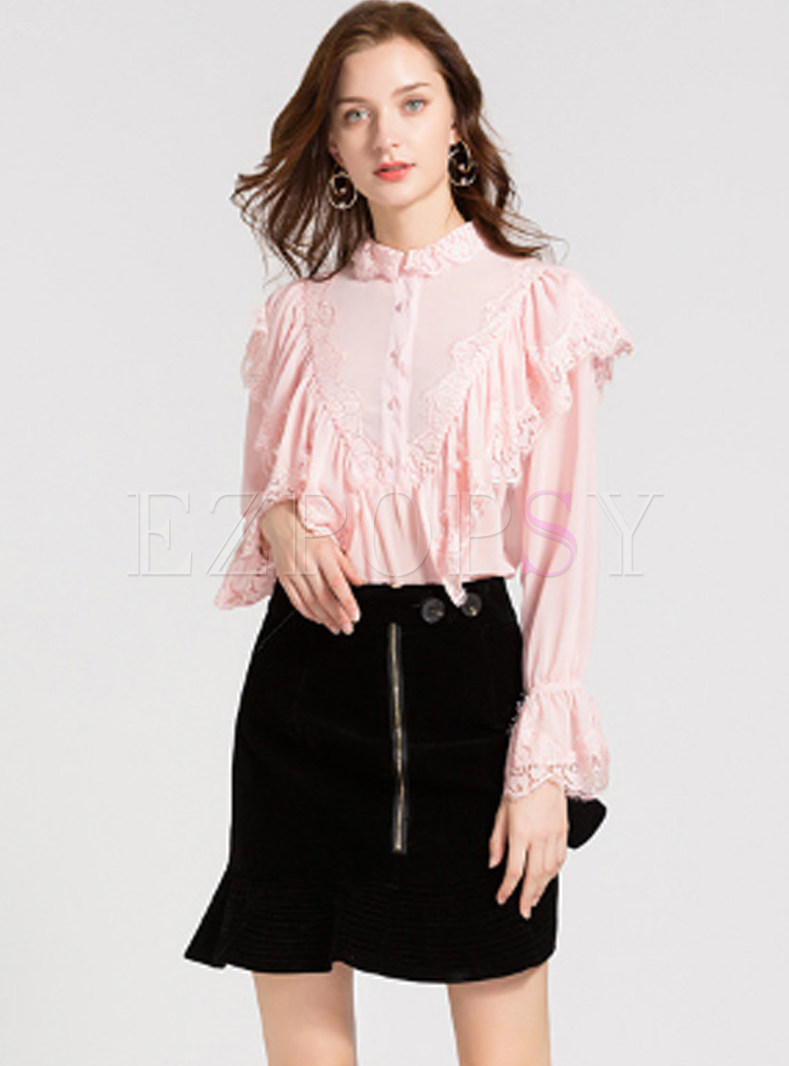 Stand Collar Long Sleeve Lace Flouncing Blouse