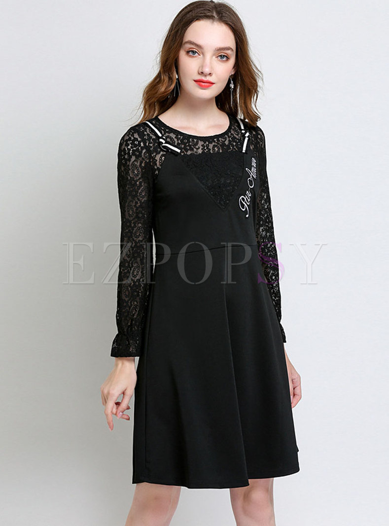 Sexy Lace Black Long Sleeve Perspective Dress