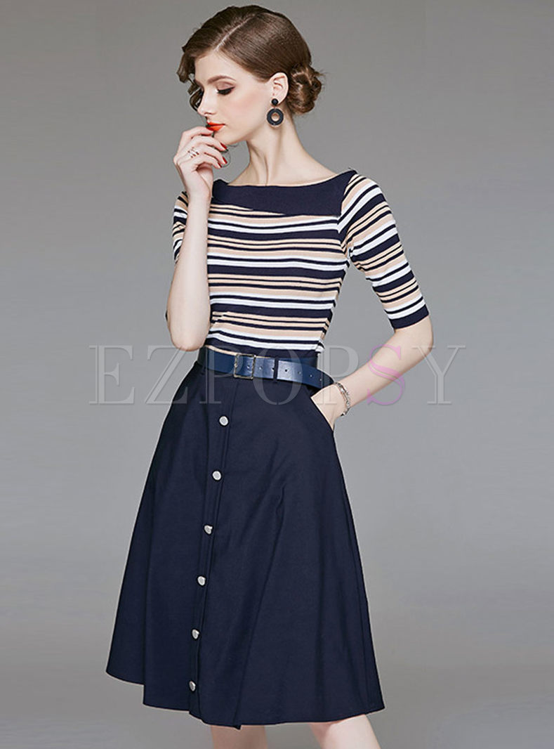  Striped Half Sleeve Knitted Top & High Waist Belted Single-breasted Skirt