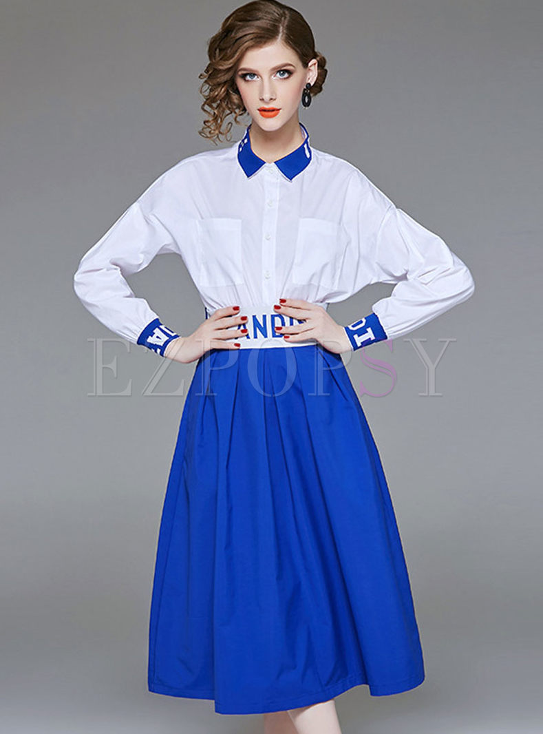 Color-blocked Letter Print Slim Blouse & High Waist A Line Skirt