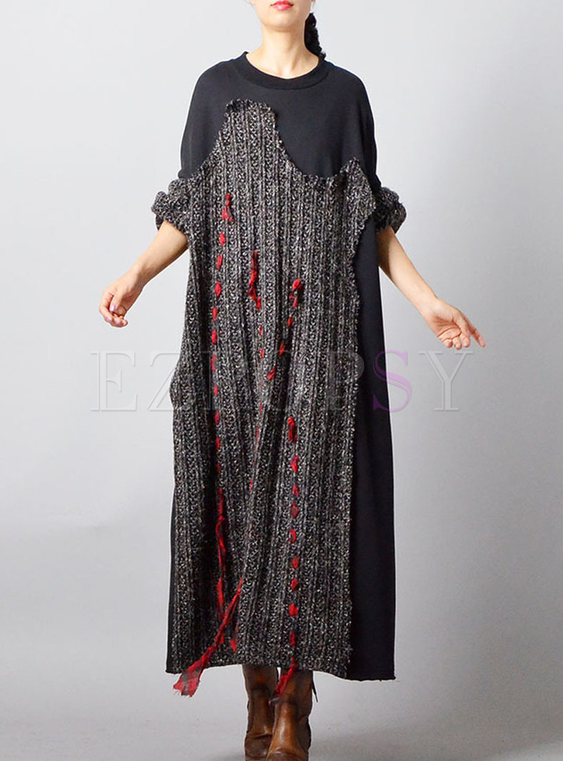 Fashion Black Pure Cotton Splicing Handwoven Maxi Dress