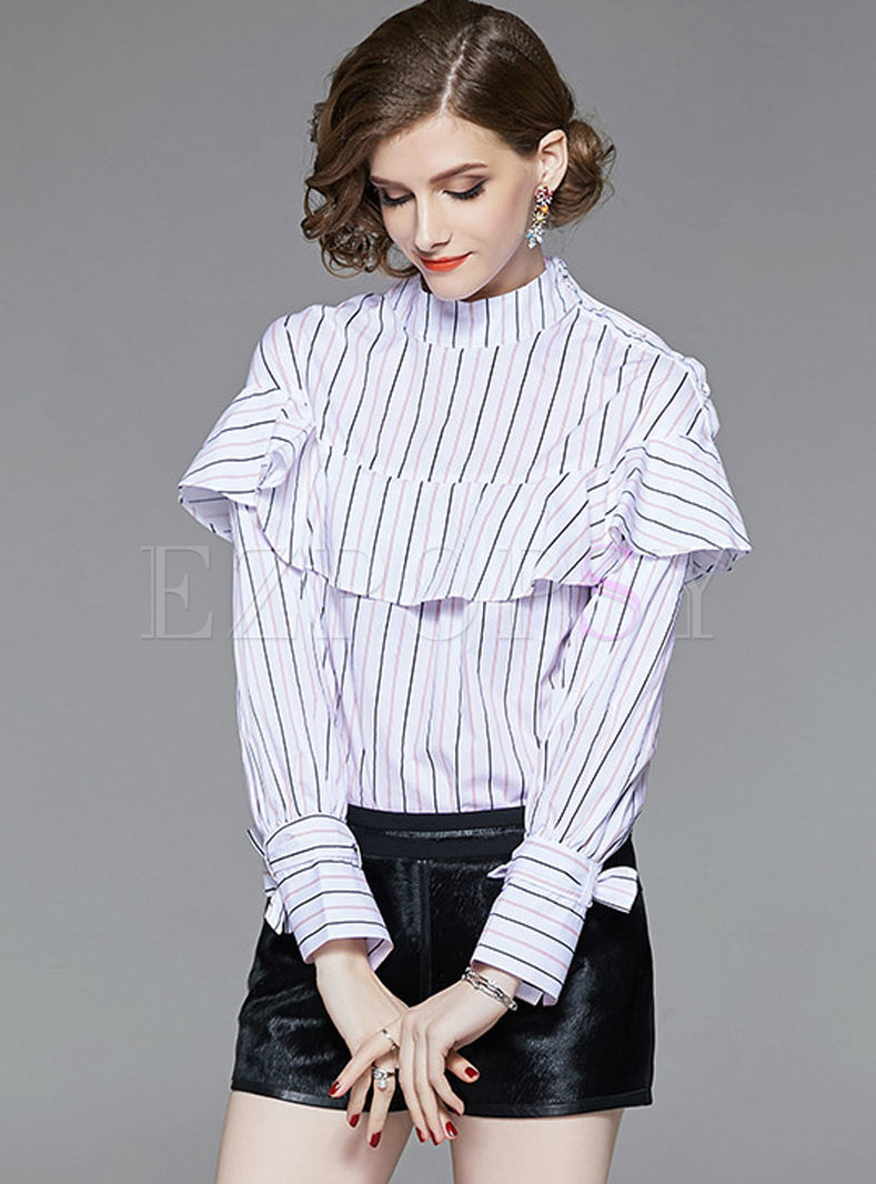 Striped Stand Collar Tied Falbala Blouse