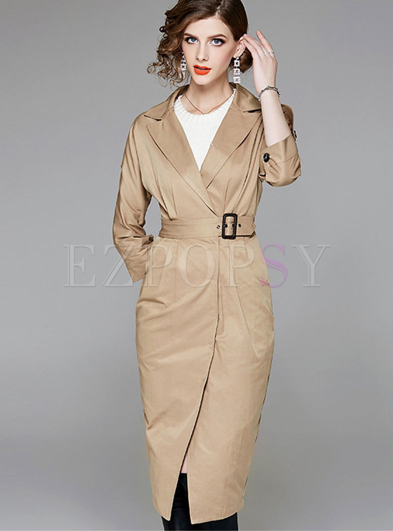 Pure Color High Waist Belted Three Quarters Sleeve Trench Coat