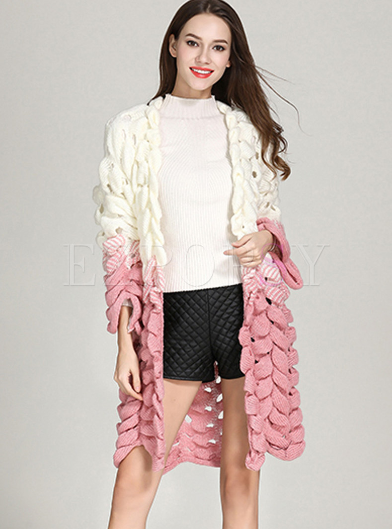 Color-blocked Zip-up Flare Sleeve Knitted Coat