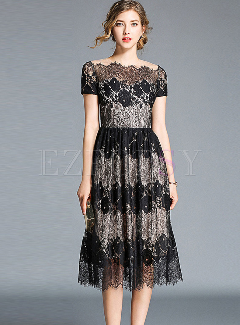 Sexy Mesh O-neck Splicing Lace Shors Sleeve Dress