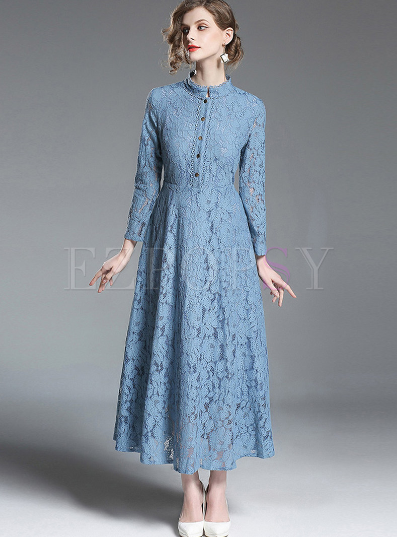 Solid Color Long Sleeve Hollow Out Lace Maxi Dress