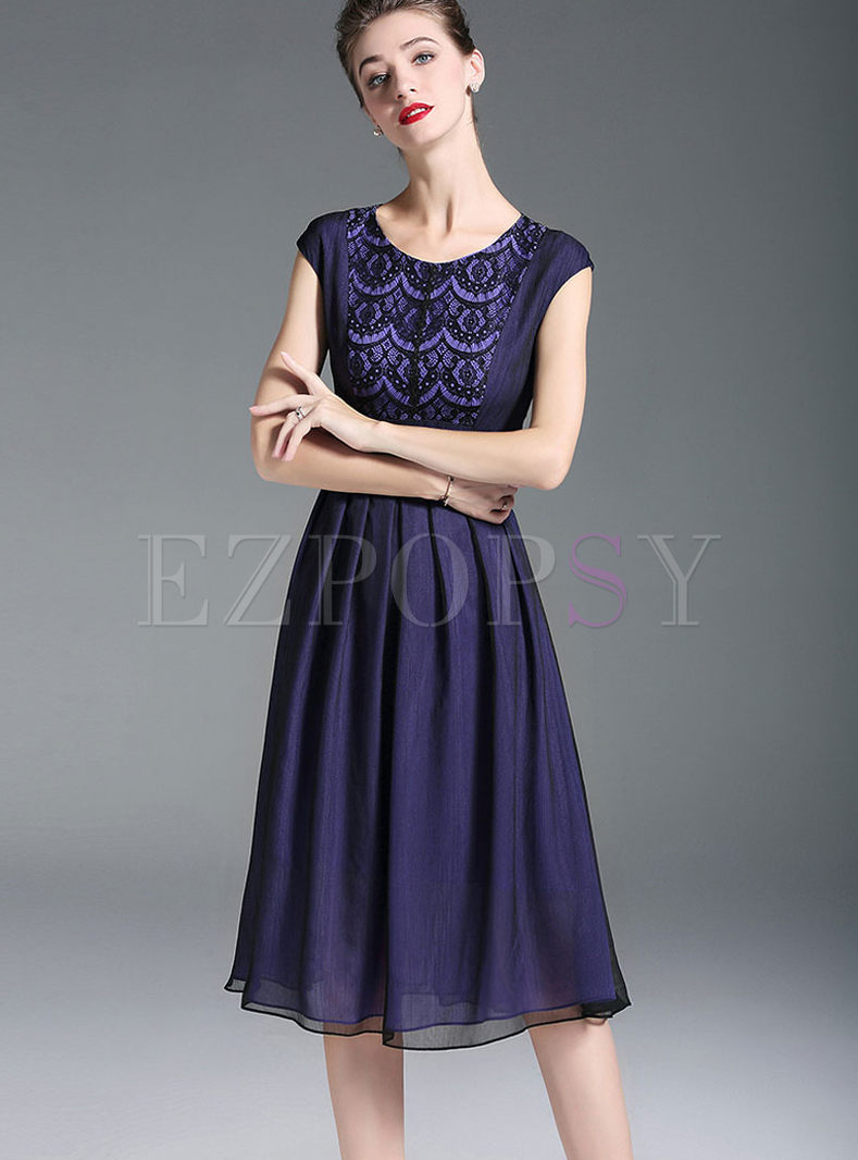 Stylish Lace Splicing Gathered Waist Sleeveless Slim Dress 