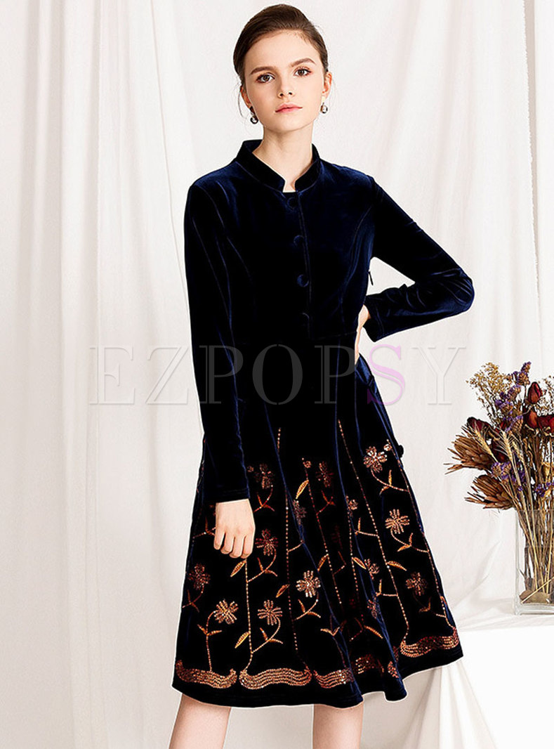 Chic Embroidered Stand Collar Single-breasted A Line Dress