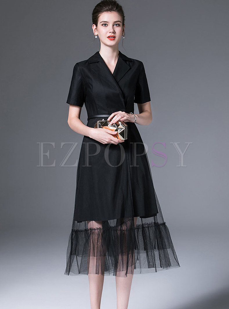 Black Lace Splicing Notched Belted A Line Dress