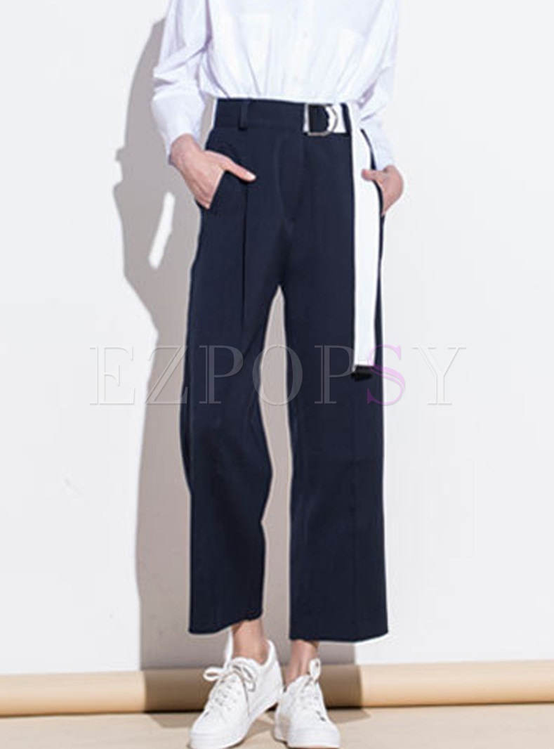 Casual Solid Collar High Waist Belted Wide Leg Pants