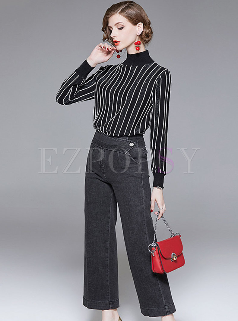 Striped High Neck Knitted Top & Pure Color Wide Leg Pants