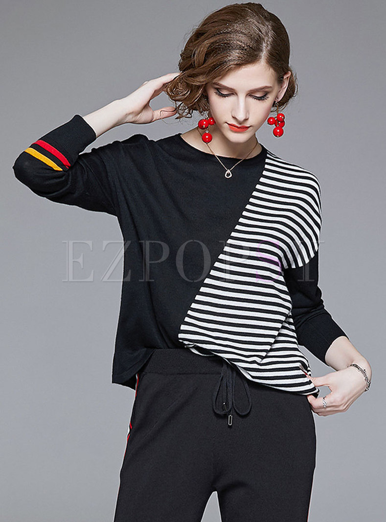 Tops | Sweaters | Chic Striped Splicing O-neck Asymmetric Knitted Sweater