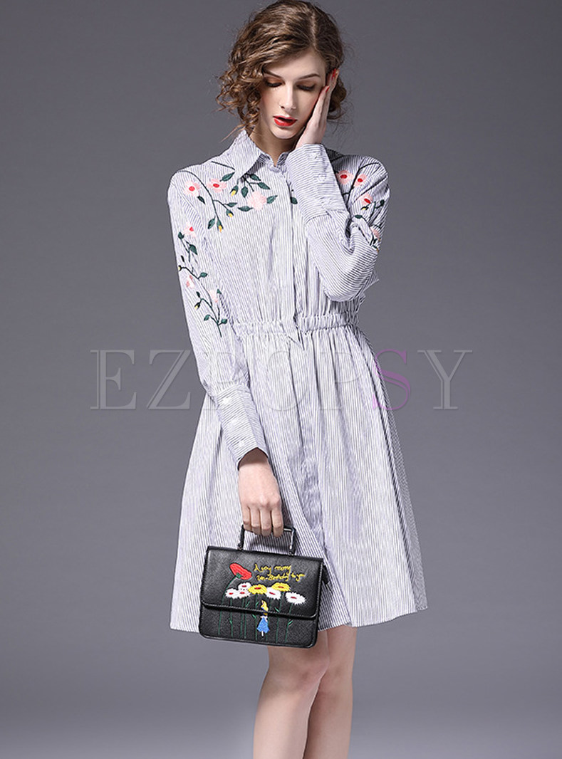 Turn Down Collar Cotton Embroidered Striped Dress