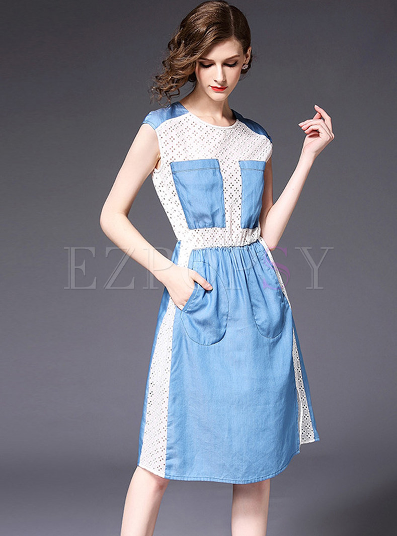 Lace Splicing Hollow Out Color-blocked Slim A Line Dress