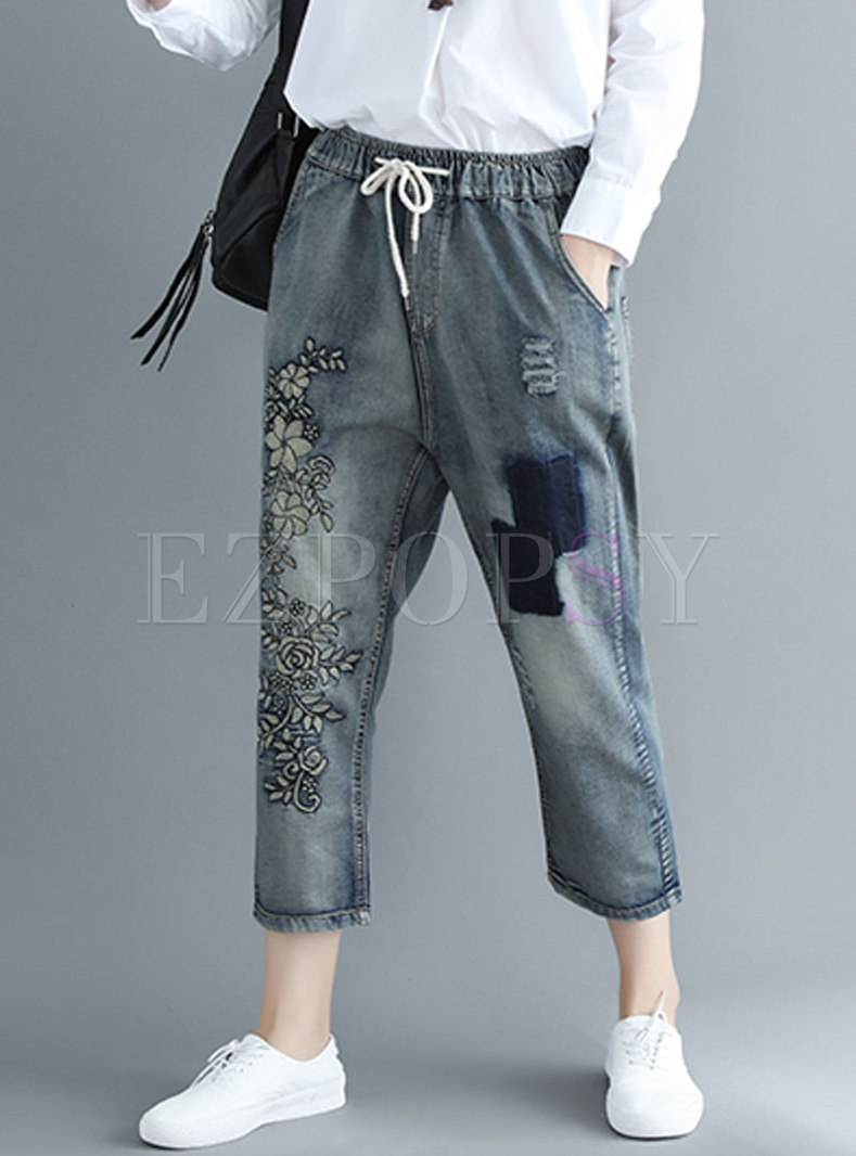 Autumn Casual Shift Harem Pants With Embroidery