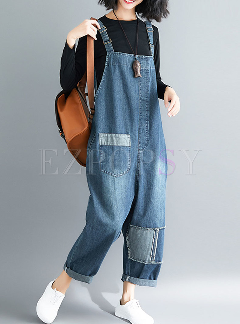 Stylish Blue Distressed Denim All-matched Overalls