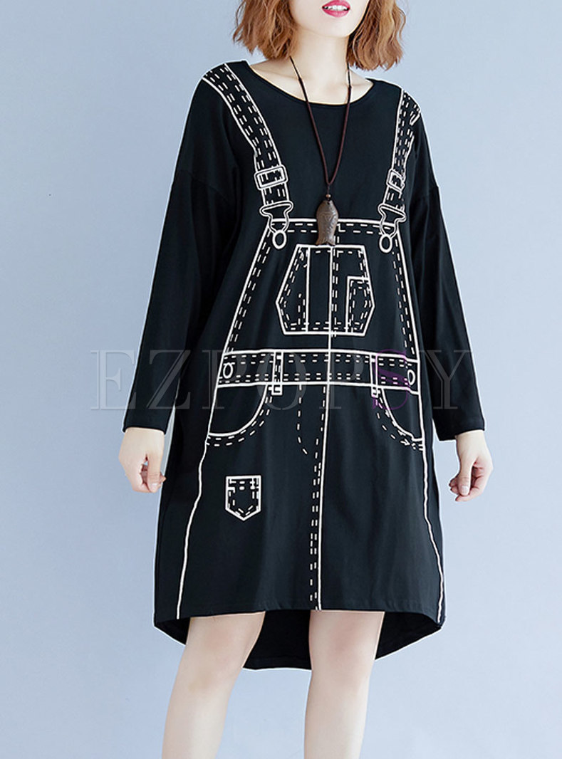 Casual Black Dolman-Sleeve Digital Print Straight Dress