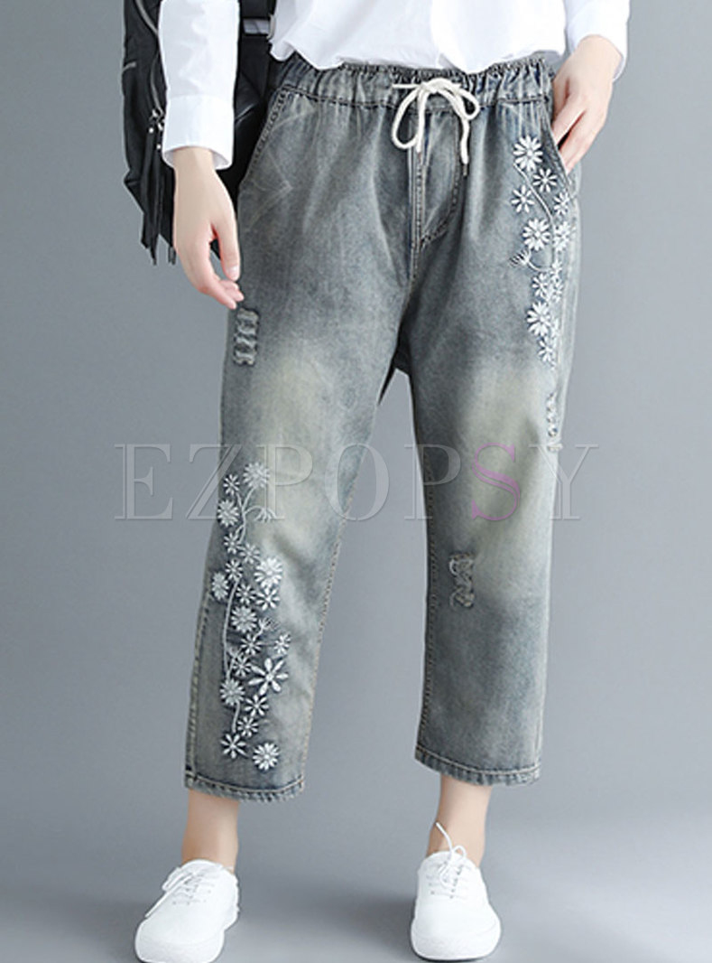 Trendy Embroidered Elastic Waist Plus Size Denim Pants