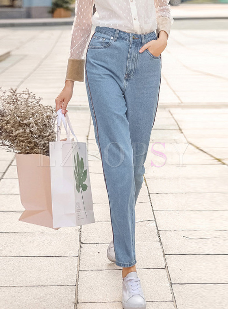 Light Blue Mid Waist Straight Easy-matching Jeans