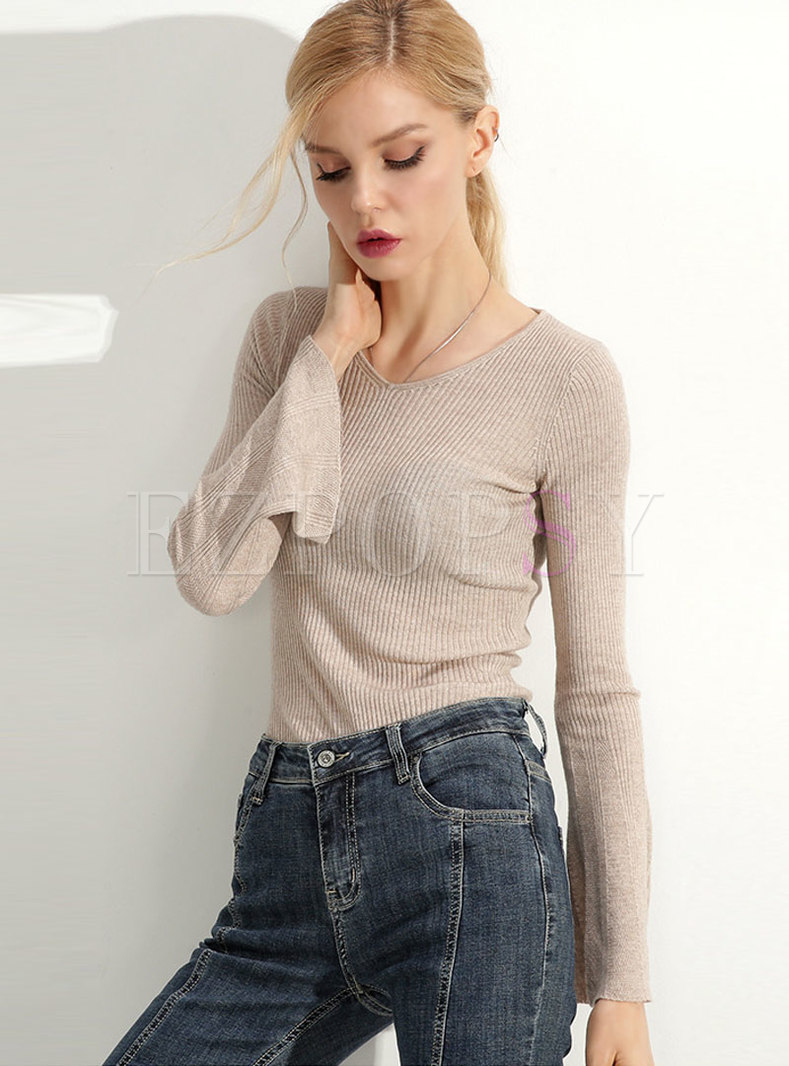 Pure Color V-neck Flare Sleeve Slim Sweater