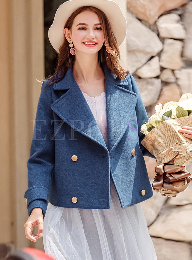 Solid Color Lapel Double-breasted Short Woolen Coat