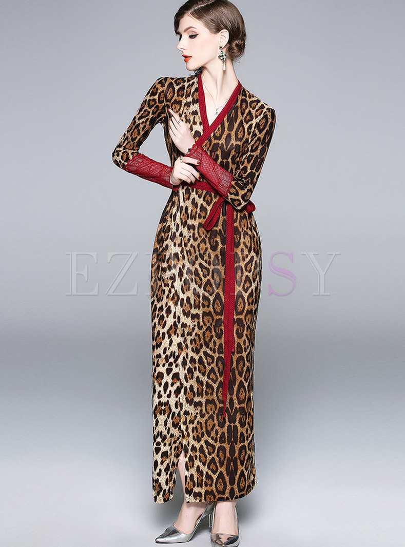Dresses | Maxi Dresses | V-neck Leopard High Waisted Pencil Maxi Dress
