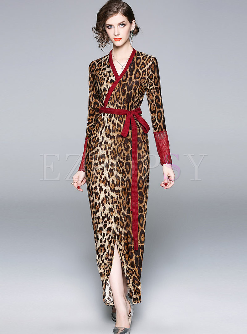 V-neck Leopard High Waisted Pencil Maxi Dress