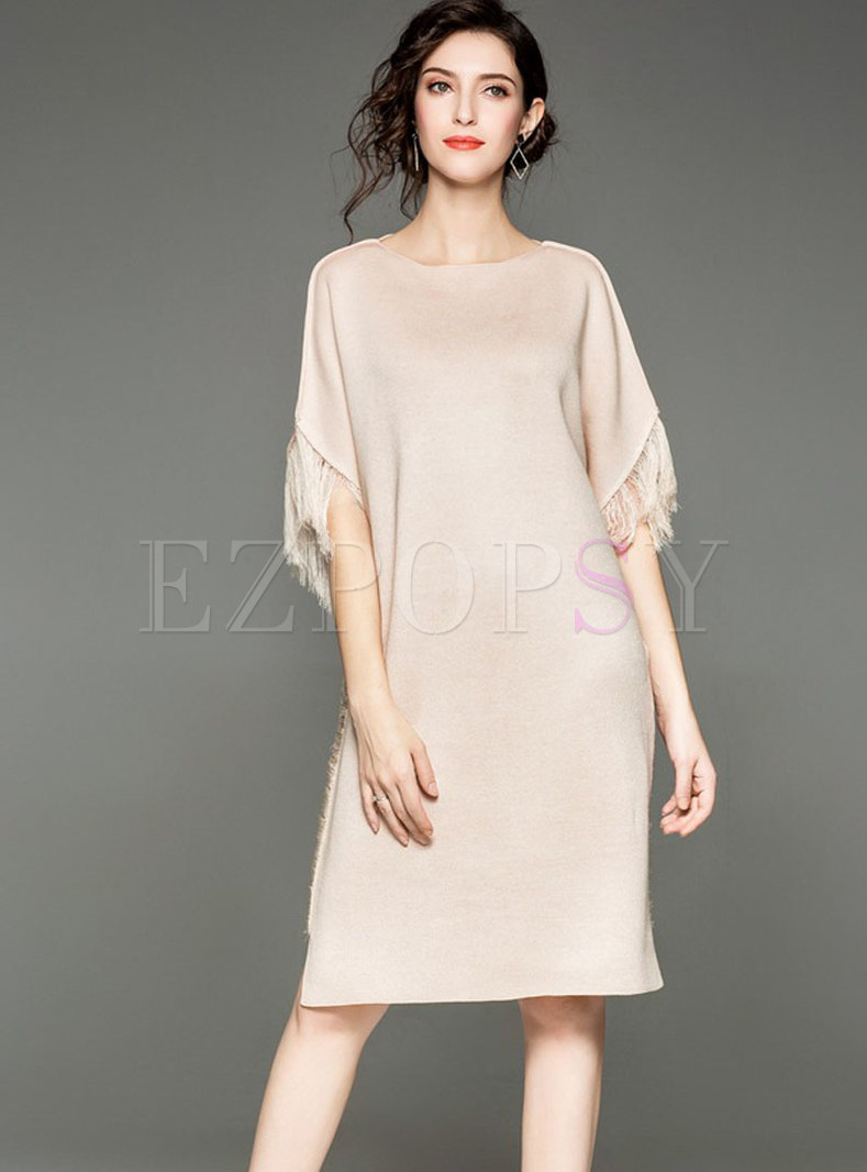 Autumn Apricot Frill Sleeve Knitted Dress With Tied Tassel