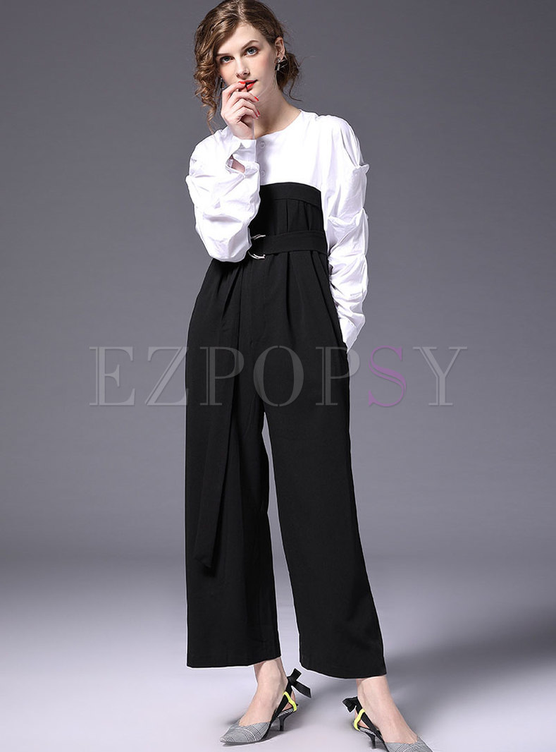  Color-blocked Splicing Puff Sleeve Belted Jumpsuit